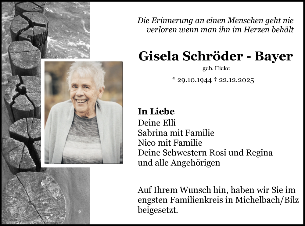  Traueranzeige für Gisela Schröder-Bayer vom 17.01.2026 aus Haller Tagblatt