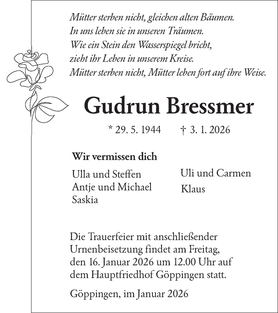  Traueranzeige für Gudrun Bressmer vom 10.01.2026 aus NWZ Neue Württembergische Zeitung