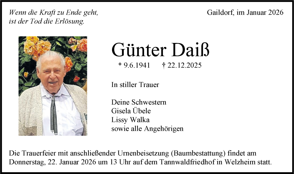  Traueranzeige für Günter Daiß vom 17.01.2026 aus Rundschau Gaildorf