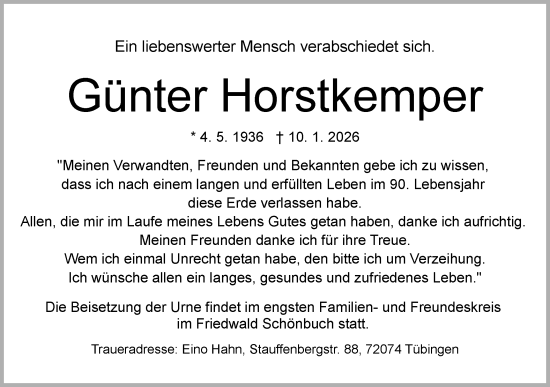 Traueranzeige von Günter Horstkemper von Schwäbische Tagblatt