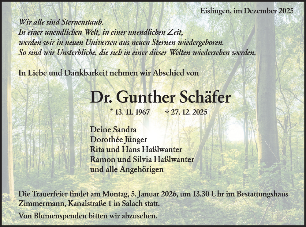  Traueranzeige für Gunther Schäfer vom 02.01.2026 aus NWZ Neue Württembergische Zeitung