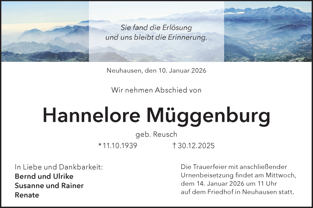  Traueranzeige für Hannelore Müggenburg vom 10.01.2026 aus Alb-Bote/Metzinger-Uracher Volksblatt