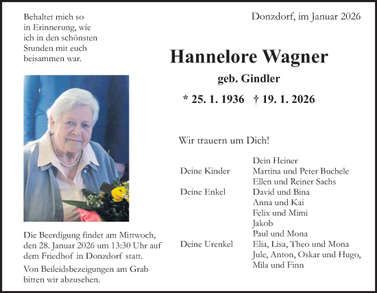 Traueranzeige von Hannelore Wagner von NWZ Neue Württembergische Zeitung