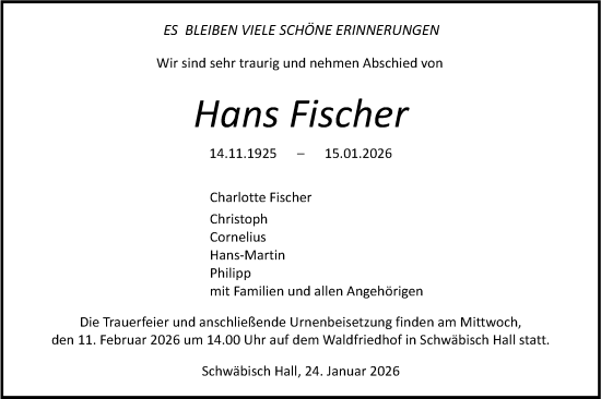 Traueranzeige von Hans Fischer von Haller Tagblatt