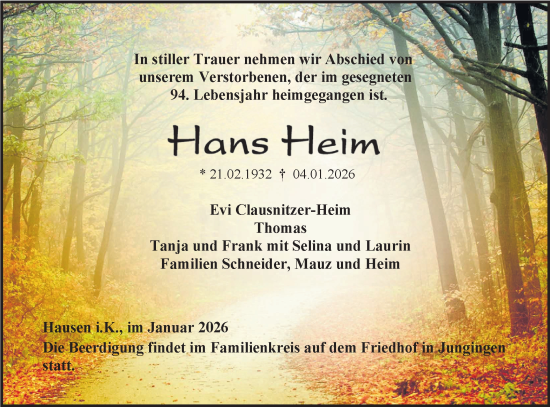 Traueranzeige von Hans Heim von SÜDWEST PRESSE Zollernalbkreis/Hohenzollerische Zeitung