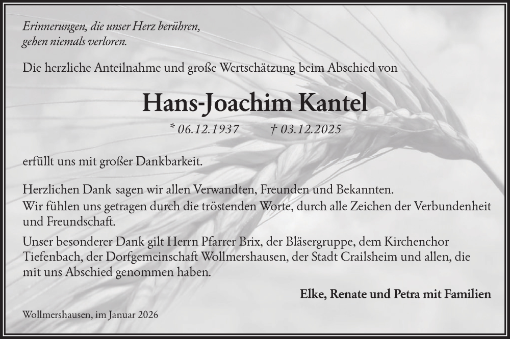  Traueranzeige für Hans-Joachim Kantel vom 17.01.2026 aus Hohenloher Tagblatt