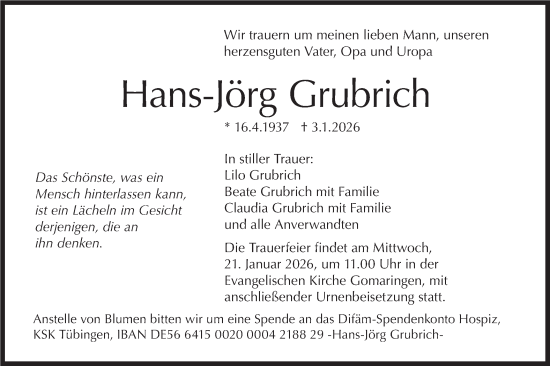 Traueranzeige von Hans-Jörg Grubrich von Schwäbische Tagblatt
