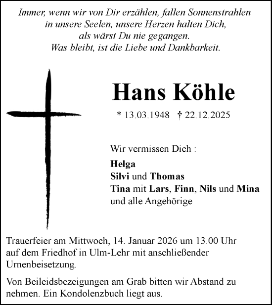 Traueranzeige von Hans Köhle von SÜDWEST PRESSE Ausgabe Ulm/Neu-Ulm