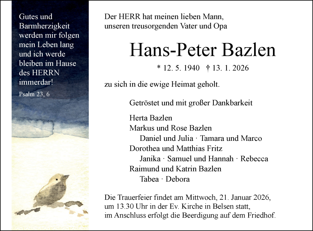  Traueranzeige für Hans-Peter Bazlen vom 17.01.2026 aus Schwäbische Tagblatt