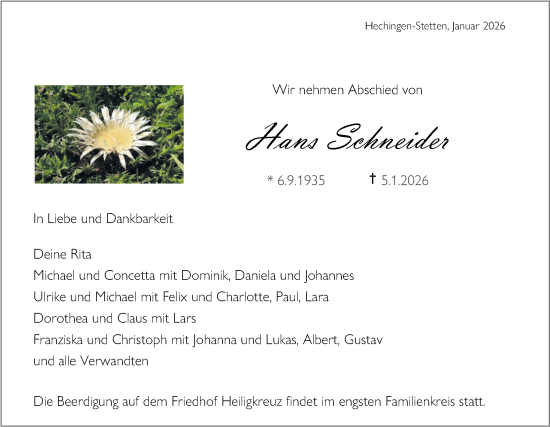 Traueranzeige von Hans Schneider von SÜDWEST PRESSE Zollernalbkreis/Hohenzollerische Zeitung