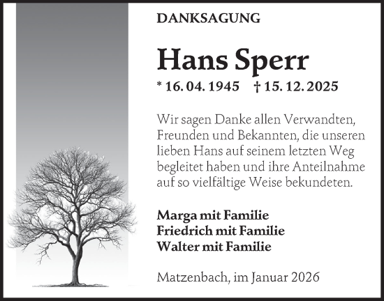 Traueranzeige von Hans Sperr von Hohenloher Tagblatt