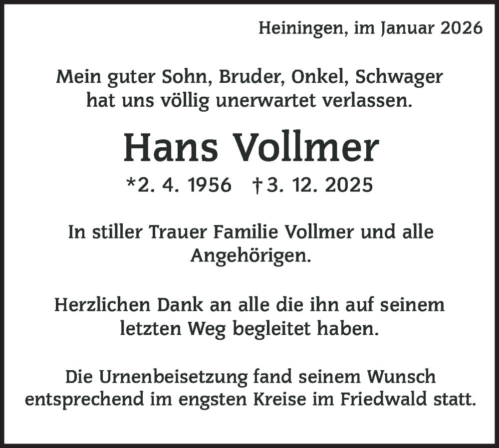  Traueranzeige für Hans Vollmer vom 09.01.2026 aus NWZ Neue Württembergische Zeitung