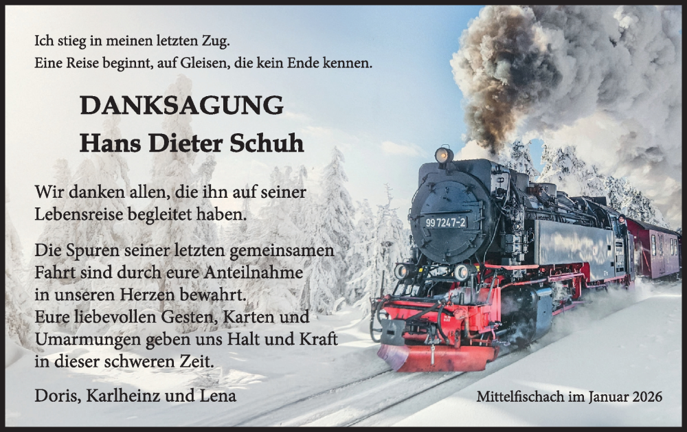  Traueranzeige für Hans Dieter Schuh vom 14.01.2026 aus Haller Tagblatt