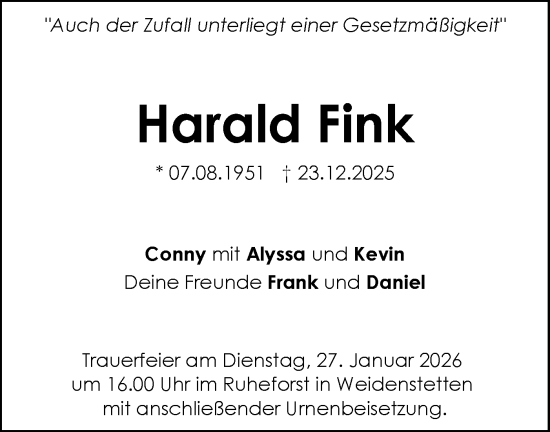 Traueranzeige von Harald Fink von SÜDWEST PRESSE Ausgabe Ulm/Neu-Ulm