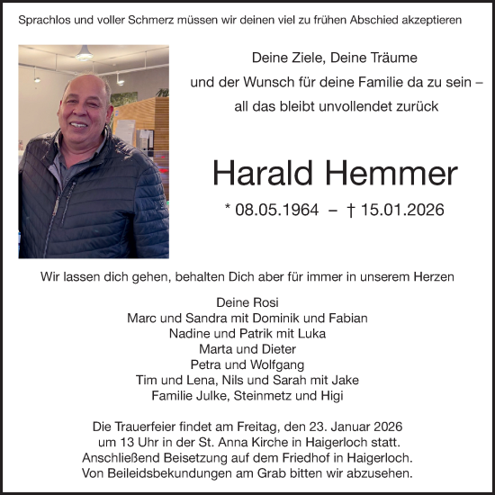 Traueranzeige von Harald Hemmer von SÜDWEST PRESSE Zollernalbkreis/Hohenzollerische Zeitung