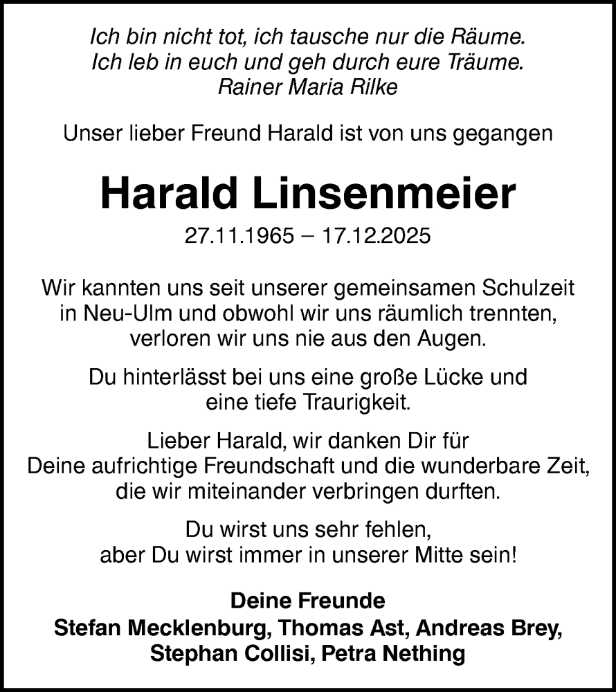  Traueranzeige für Harald Linsenmeier vom 03.01.2026 aus SÜDWEST PRESSE Ausgabe Ulm/Neu-Ulm