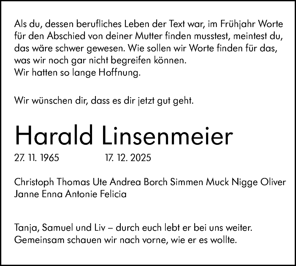  Traueranzeige für Harald Linsenmeier vom 03.01.2026 aus SÜDWEST PRESSE Ausgabe Ulm/Neu-Ulm