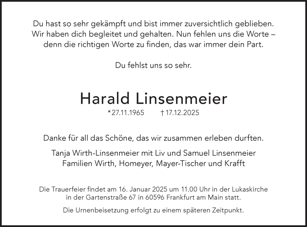  Traueranzeige für Harald Linsenmeier vom 03.01.2026 aus SÜDWEST PRESSE Ausgabe Ulm/Neu-Ulm