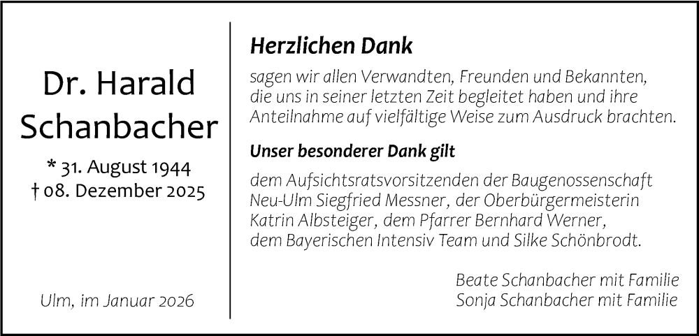  Traueranzeige für Harald Schanbacher vom 17.01.2026 aus SÜDWEST PRESSE Ausgabe Ulm/Neu-Ulm