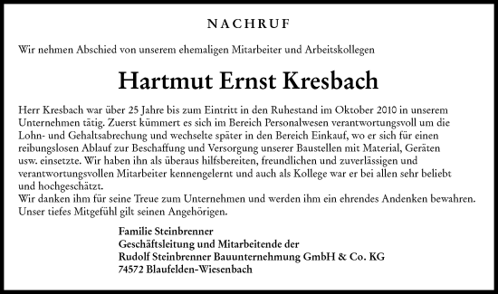 Traueranzeige von Hartmut Ernst Kresbach von Hohenloher Tagblatt