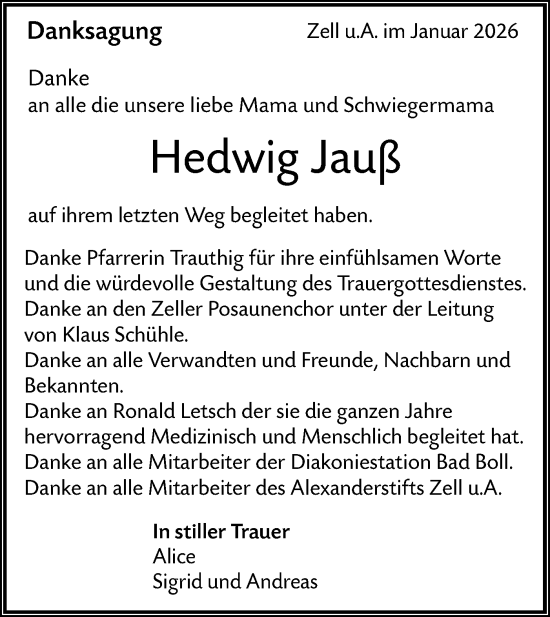 Traueranzeige von Hedwig Jauß von NWZ Neue Württembergische Zeitung