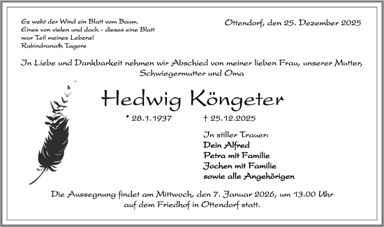 Traueranzeige von Hedwig Köngeter von Rundschau Gaildorf