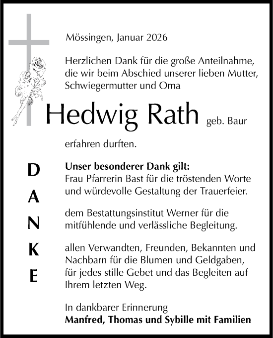 Traueranzeige von Hedwig Rath von Schwäbische Tagblatt