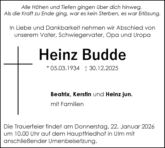Traueranzeige von Heinz Budde von SÜDWEST PRESSE Ausgabe Ulm/Neu-Ulm