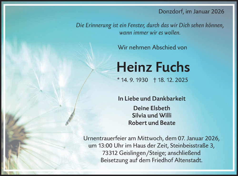  Traueranzeige für Heinz Fuchs vom 03.01.2026 aus NWZ Neue Württembergische Zeitung