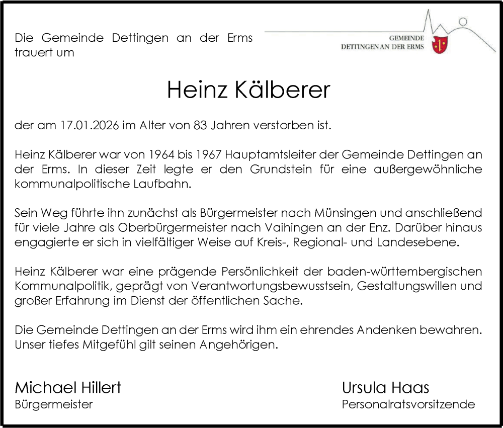  Traueranzeige für Heinz Kälberer vom 24.01.2026 aus Alb-Bote/Metzinger-Uracher Volksblatt