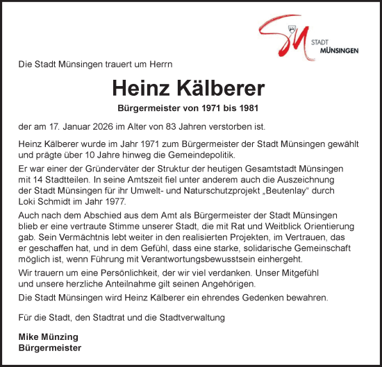 Traueranzeige von Heinz Kälberer von Alb-Bote/Metzinger-Uracher Volksblatt