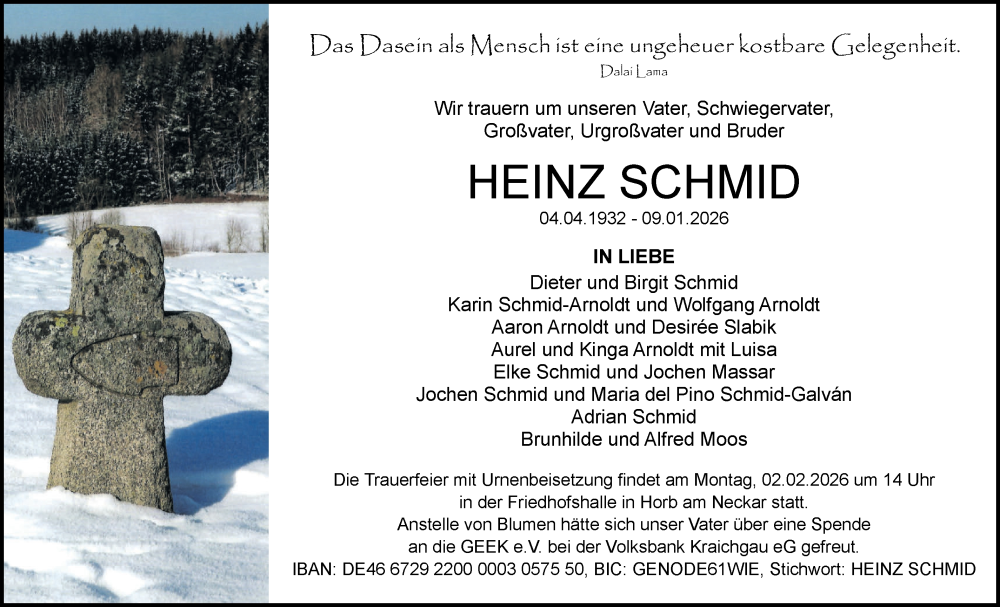  Traueranzeige für Heinz Schmid vom 24.01.2026 aus Neckar-Chronik