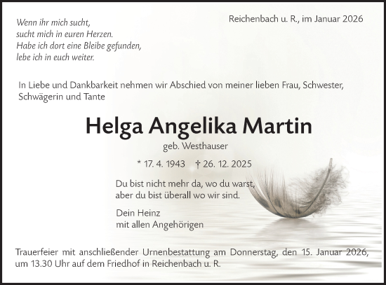 Traueranzeige von Helga Angelika Martin von NWZ Neue Württembergische Zeitung