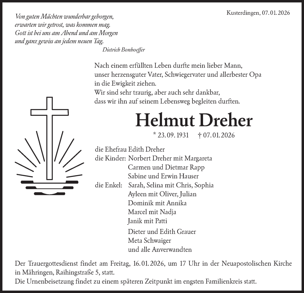  Traueranzeige für Helmut Dreher vom 13.01.2026 aus Schwäbische Tagblatt