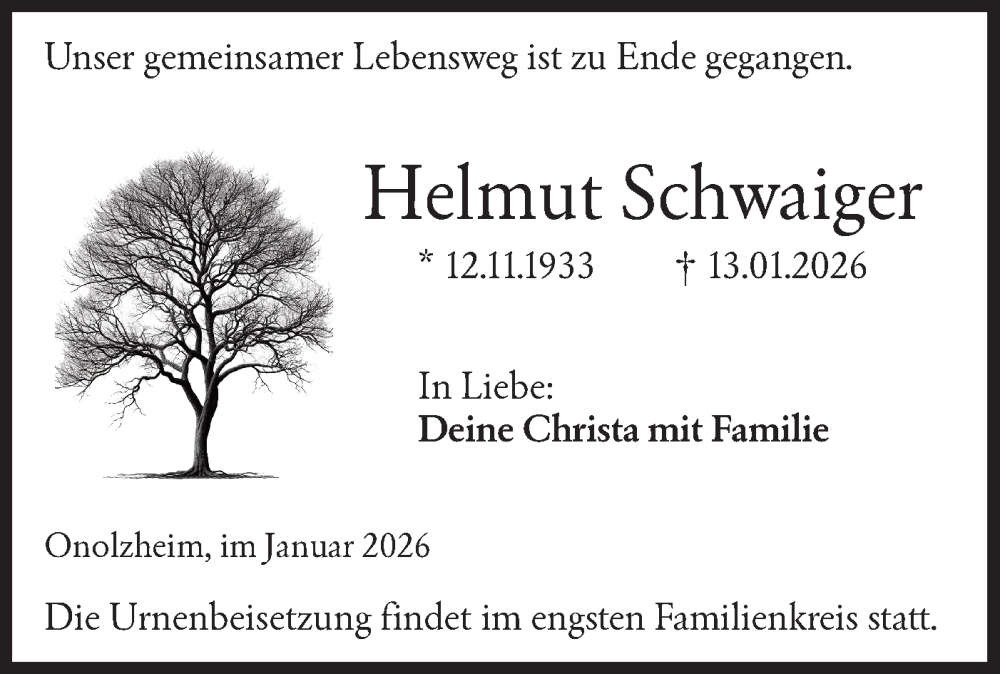  Traueranzeige für Helmut Schwaiger vom 16.01.2026 aus Hohenloher Tagblatt
