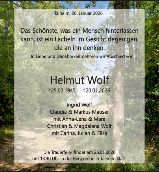 Traueranzeige von Helmut Wolf von Schwäbische Tagblatt