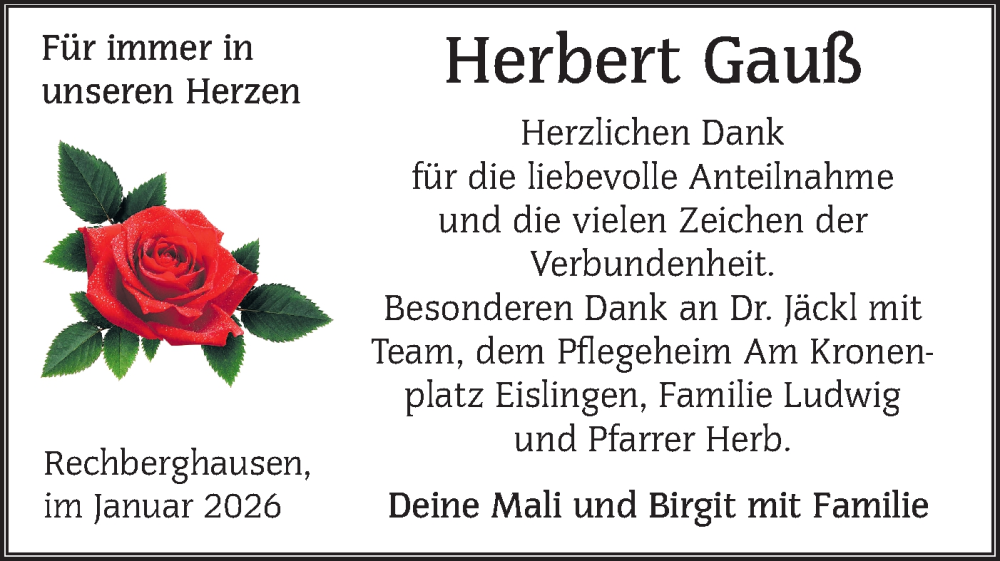  Traueranzeige für Herbert Gauß vom 12.01.2026 aus NWZ Neue Württembergische Zeitung