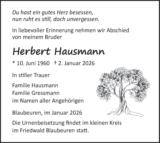 Traueranzeige von Herbert Hausmann von Das Blaumännle/SÜDWEST PRESSE Ausgabe Ulm/Neu-Ulm
