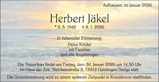 Traueranzeige von Herbert Jäkel von Geislinger Zeitung
