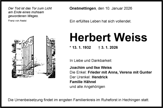 Traueranzeige von Herbert Weiss von SÜDWEST PRESSE Zollernalbkreis/Hohenzollerische Zeitung