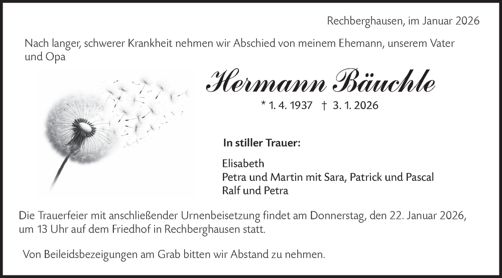 Traueranzeige für Hermann Bäuchle vom 17.01.2026 aus NWZ Neue Württembergische Zeitung