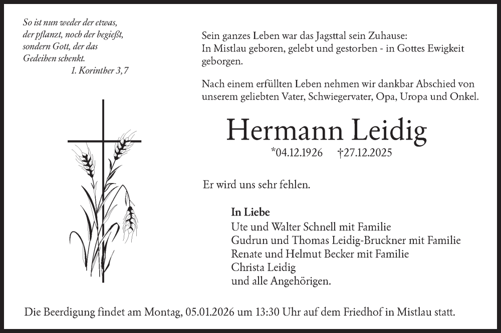  Traueranzeige für Hermann Leidig vom 03.01.2026 aus Hohenloher Tagblatt