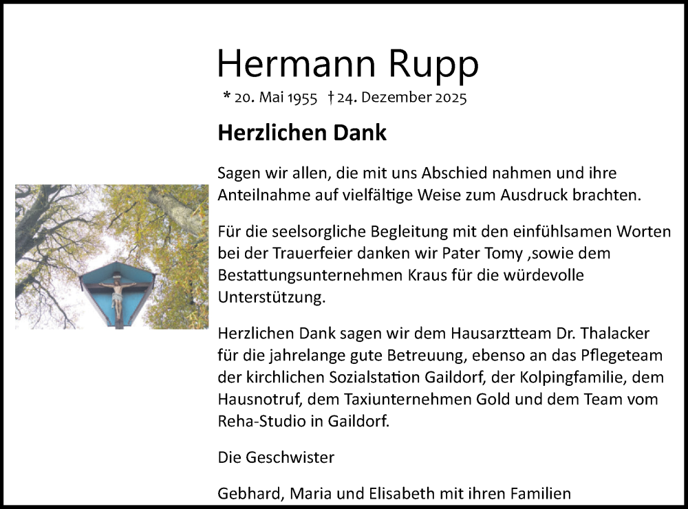  Traueranzeige für Hermann Rupp vom 17.01.2026 aus Haller Tagblatt/Rundschau Gaildorf
