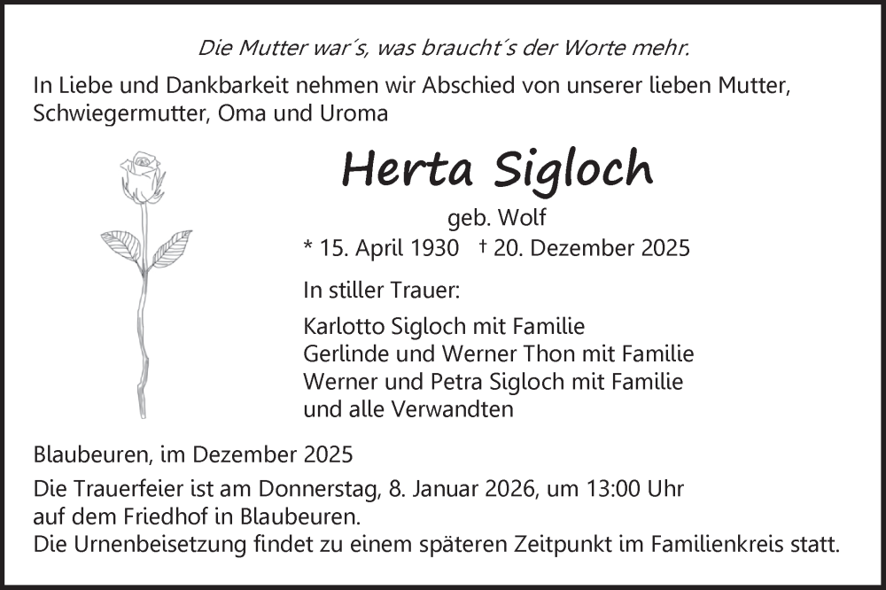  Traueranzeige für Herta Sigloch vom 02.01.2026 aus Das Blaumännle