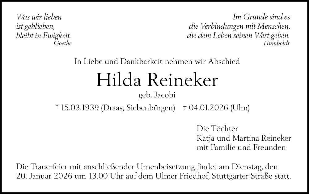  Traueranzeige für Hilda Reineker vom 14.01.2026 aus SÜDWEST PRESSE Ausgabe Ulm/Neu-Ulm
