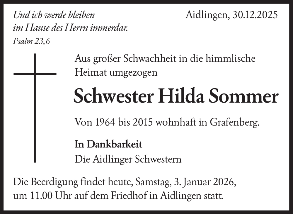 Traueranzeige für Hilda Sommer vom 03.01.2026 aus Alb-Bote/Metzinger-Uracher Volksblatt