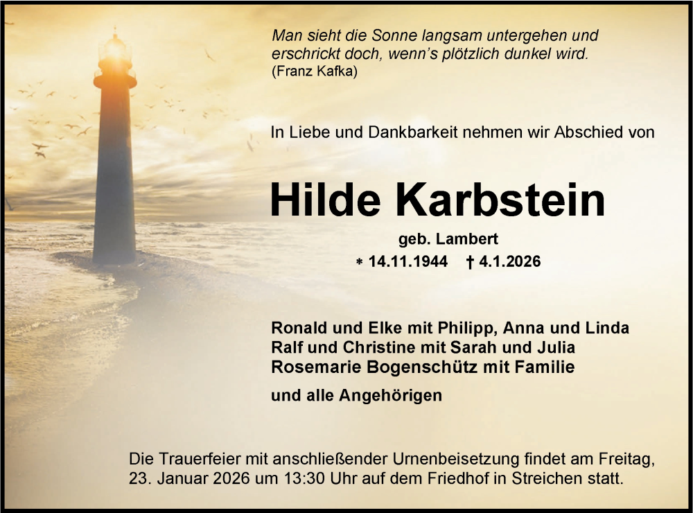  Traueranzeige für Hilde Karbstein vom 17.01.2026 aus SÜDWEST PRESSE Zollernalbkreis/Hohenzollerische Zeitung