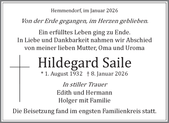 Traueranzeige von Hildegard Saile von Schwäbische Tagblatt
