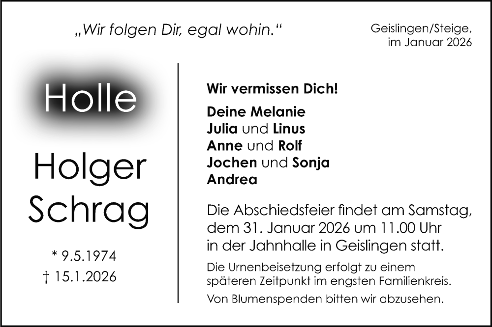  Traueranzeige für Holger Schrag vom 24.01.2026 aus Geislinger Zeitung