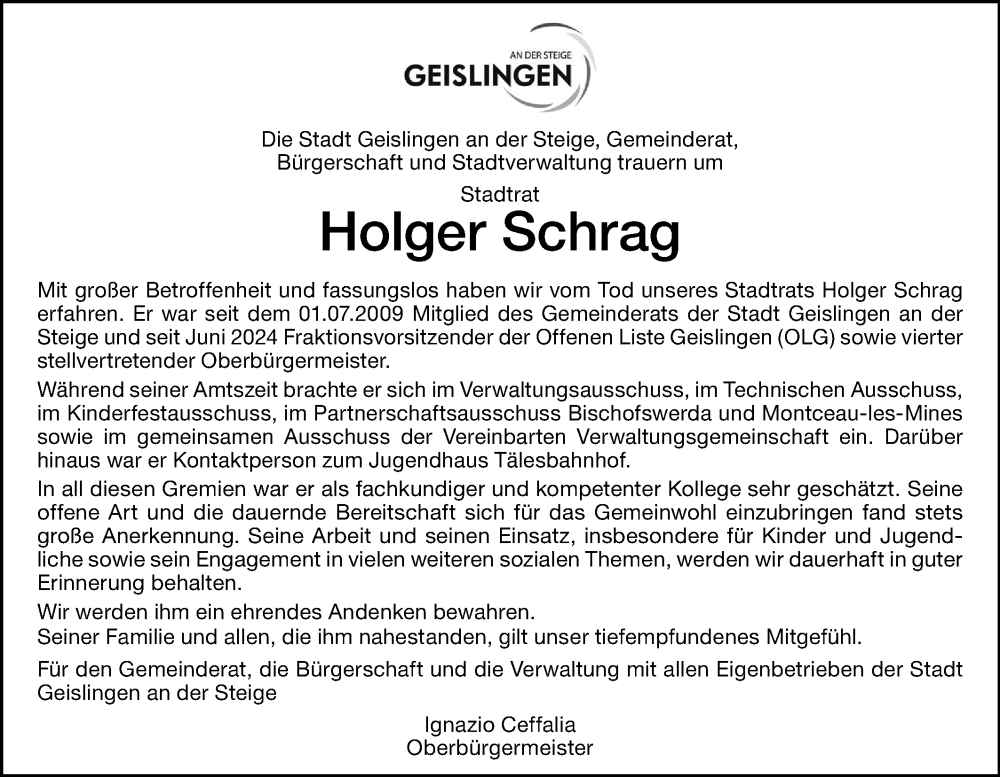  Traueranzeige für Holger Schrag vom 24.01.2026 aus Geislinger Zeitung